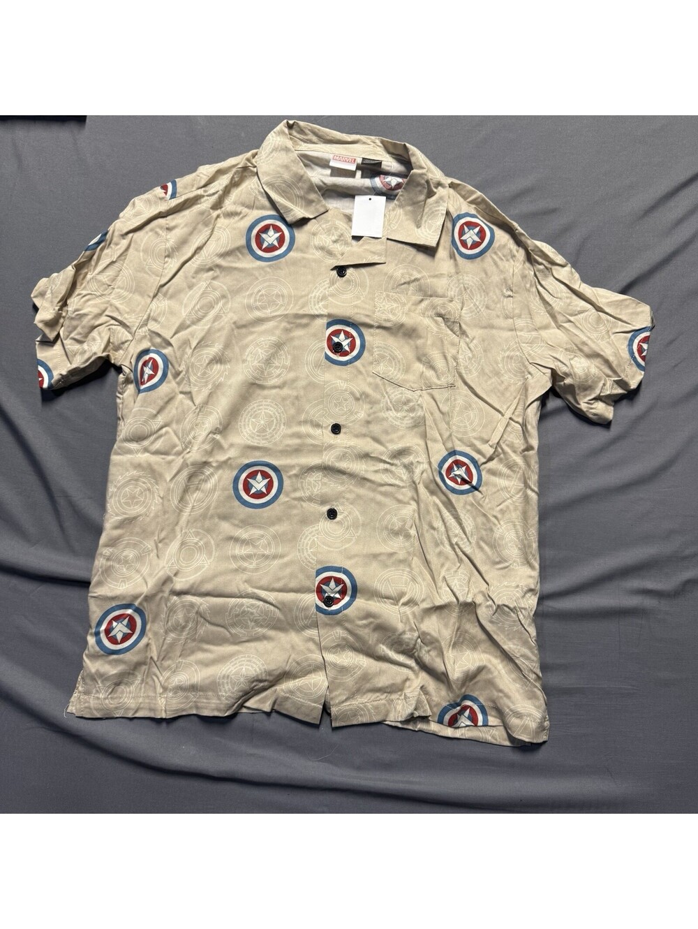 Marvel Captain America Beige Shield Graphic Print Button-Up Shirt Mens M